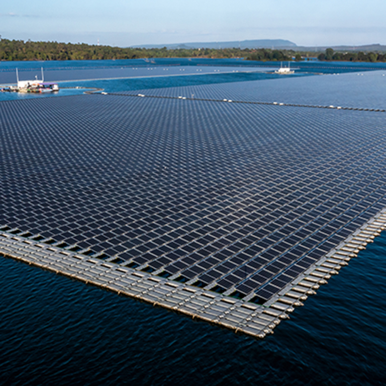 Aerial view floating solar cell power plant with solar cell generate the electric on the lake, Floating solar panels and cell platform on the water ecological energy, Alternative renewable energy.