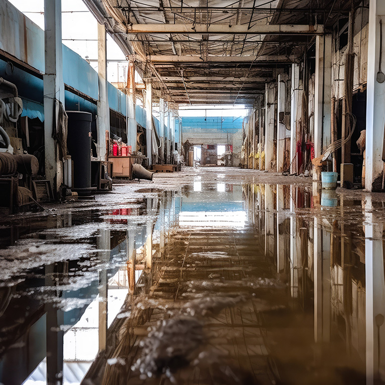 Aftermath of a flood inside a factory, water damaged machinery. Generative AI