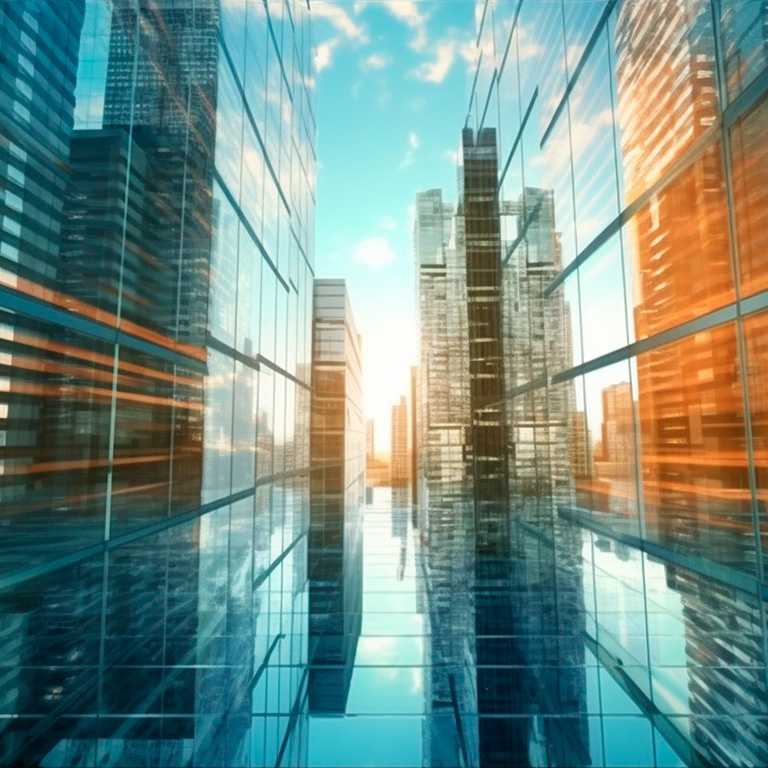 Background of future urban and corporate architecture. Real estate idea with bokeh, motion blur, and a reflection in a glass panel of a skyscraper facade. Generative AI illustrator