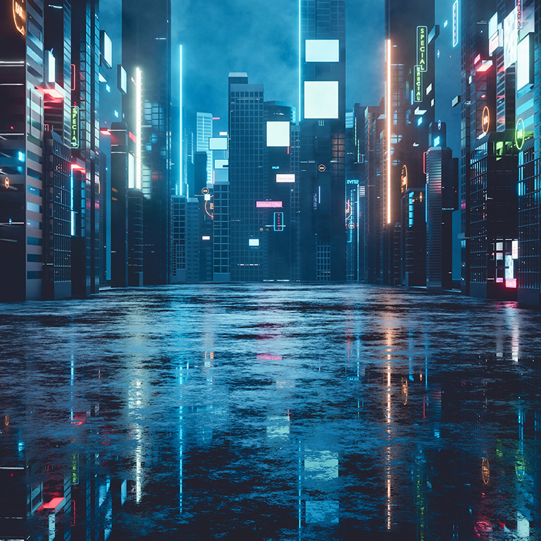 3D Rendering of billboards and advertisement signs at modern buildings in capital city with light reflection from puddles on street. Concept for night life, never sleep business district center 