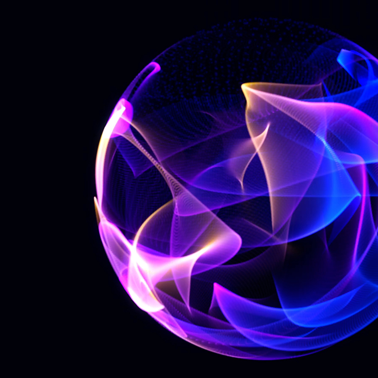 Bright glowing particle 3d sphere rotating in black background. 