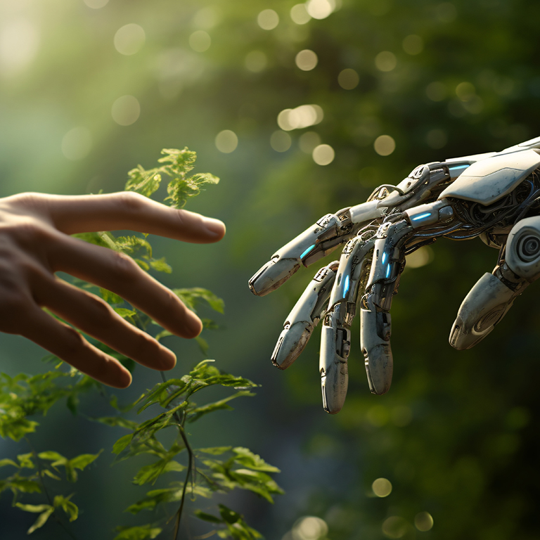 A human reaching towards a robot hand with plant growing as background, concept of artificial environments with realistic landscapes