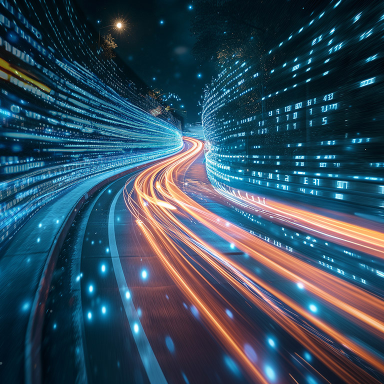 A highway leading to a digital realm, symbolized by binary code and light speed trails