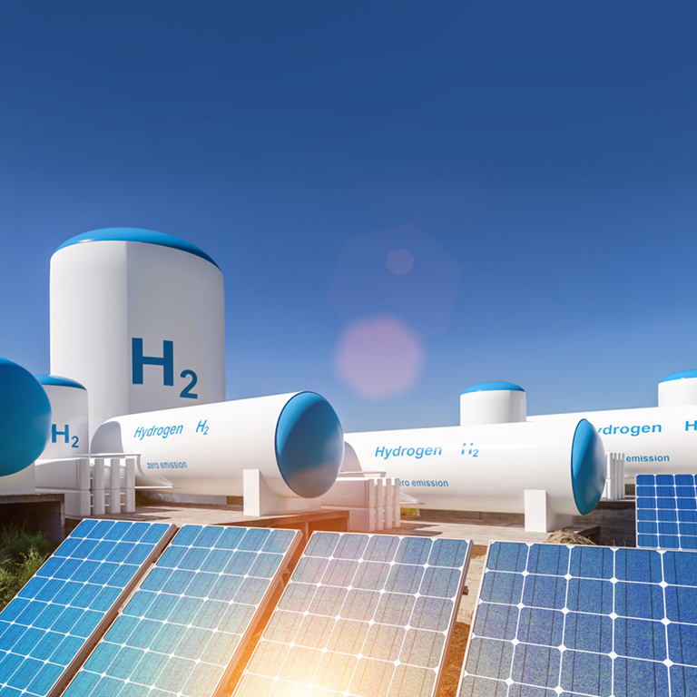 Hydrogen renewable energy production - hydrogen gas for clean electricity solar and windturbine facility. 3d rendering.