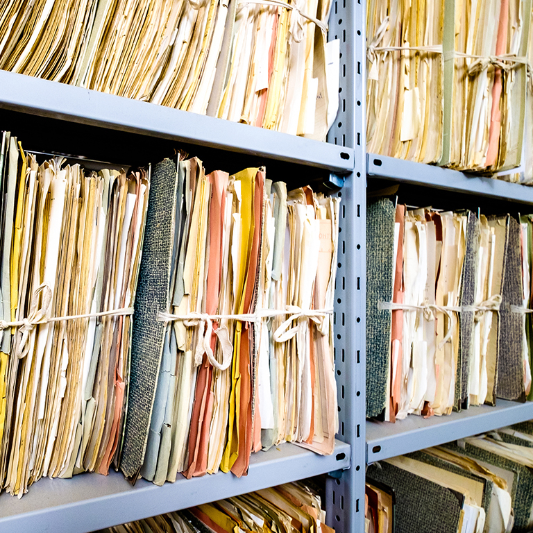 Old files in a filing case.