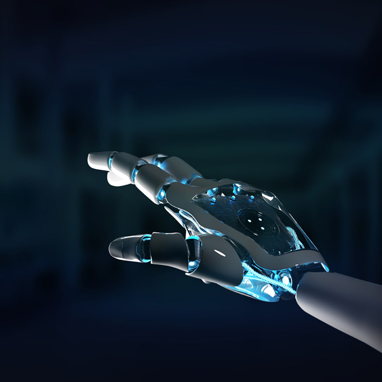 Intelligent robot machine pointing finger on dark background 3D rendering
