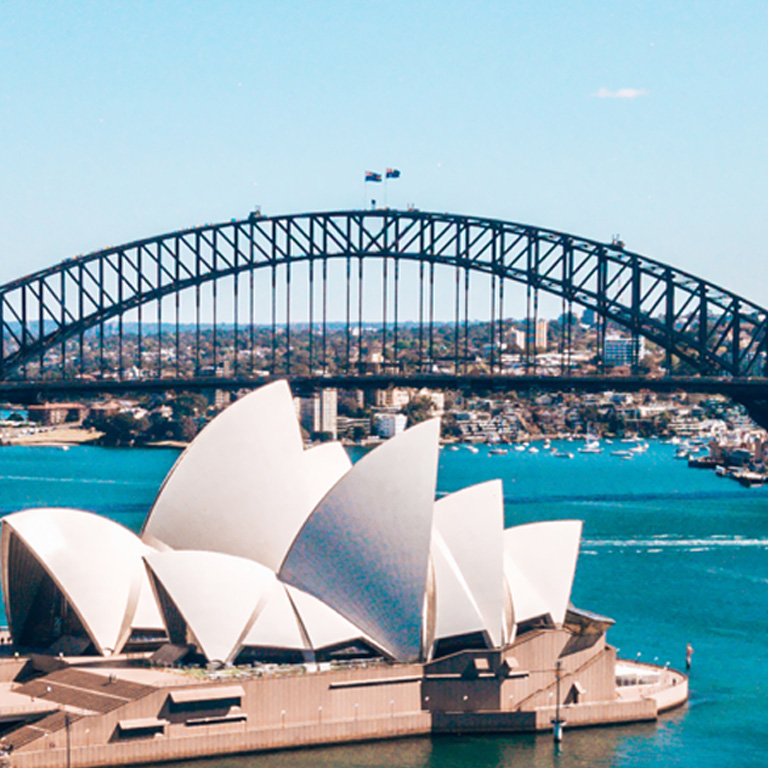 January 10, 2019. Sydney, Australia. Landscape aerial view of Sydney Opera house near Sydney business center around the harbour. 