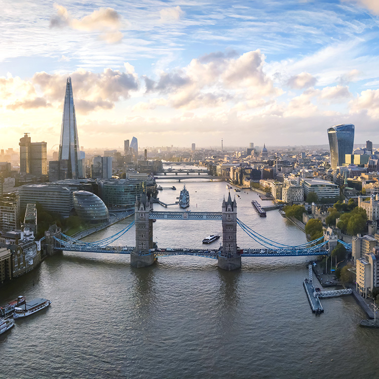 Skyline of London over Tower Bridge on the Thames