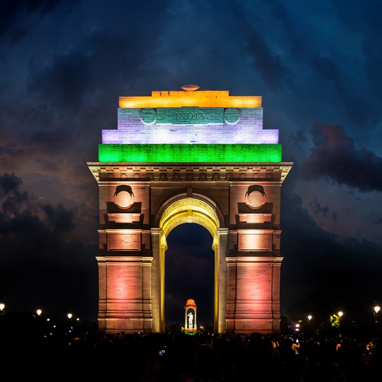 New Delhi gate from ground perspective during nightime