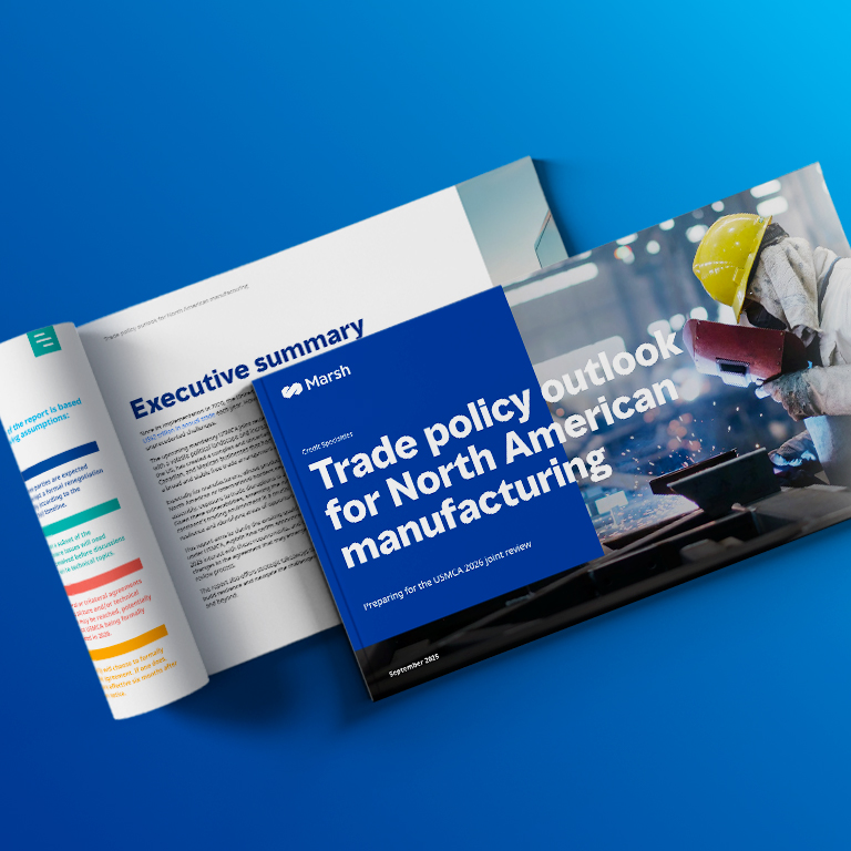 Cover of Marsh's report on Trade policy outlook for North American manufacturing — Preparing for the USMCA 2026 joint review