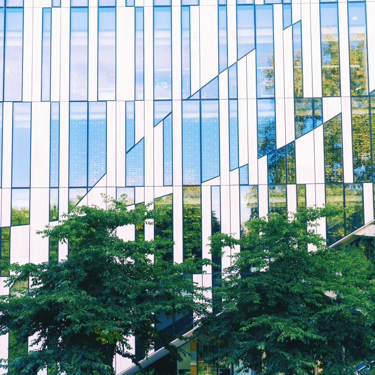 Modern building with glass facade and trees