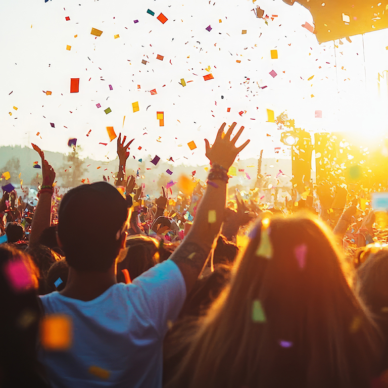 Vibrant music festival at sunset with a large crowd dancing joyfully under the golden hour sky, celebrating with confetti and live music