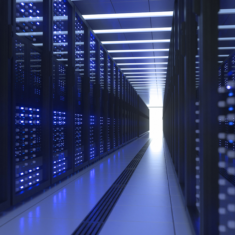 Data Center Computer Racks In Network Security Server Room. Cryptocurrency Mining Farm or Hosting Storage Connected Dots Programming Code And Binary Concept. 