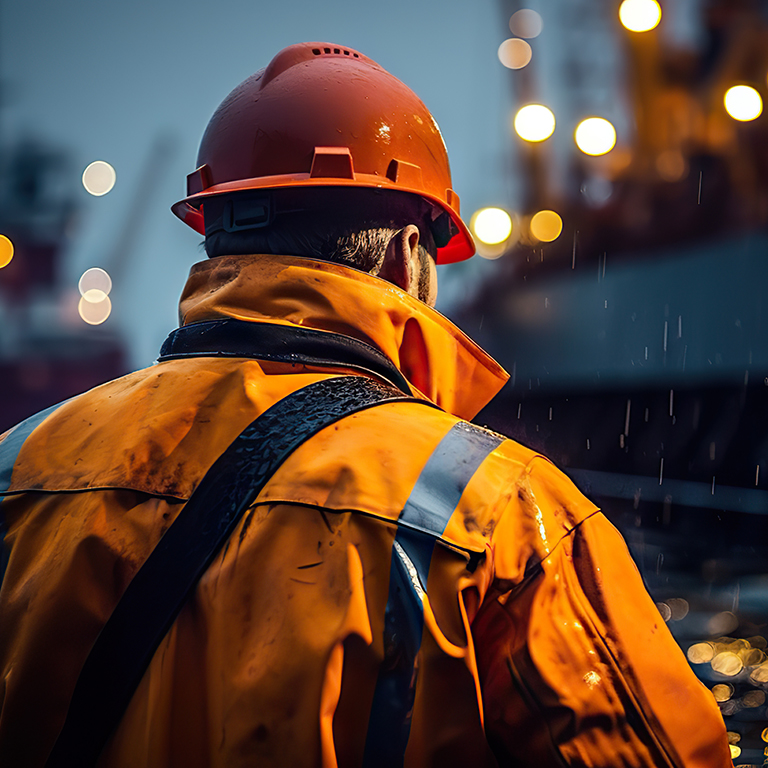 Night Shift Vigilance Industrial Worker Observing Oil Rig Operations in Stormy Weather. Generative AI