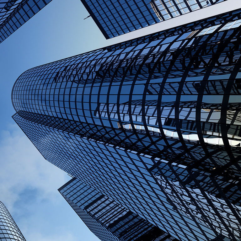 Reflective skyscrapers, business office buildings.