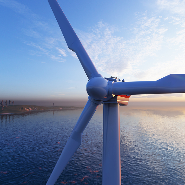 Offshore wind turbines farm on the ocean. Sustainable energy production, clean power, 