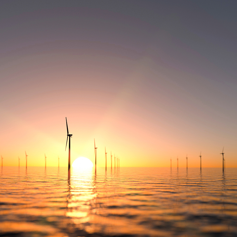 Large off shore wind farm at sunset panoramic 3d render