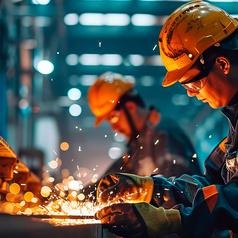 workers wearing hard hats and protective gear in construction and manufacturing.