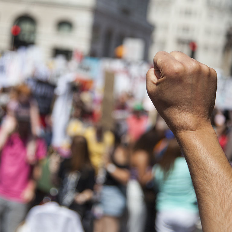 A raised fist of a protestor at a political demonstration