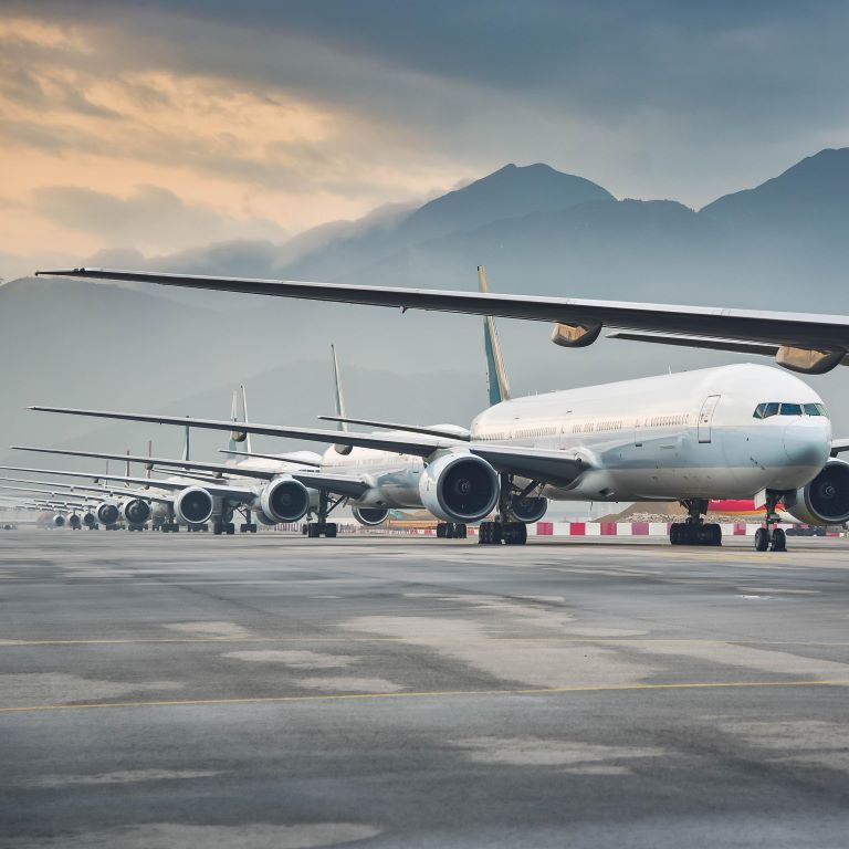 Airline fleet parked at the taxiway