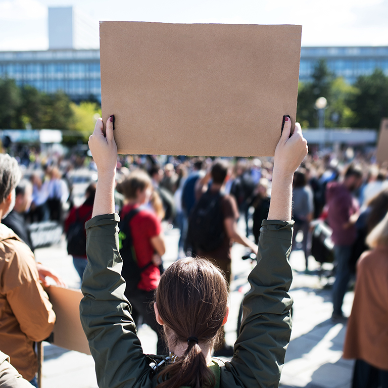 A rear view of people with placards and posters at a protest demonstration.