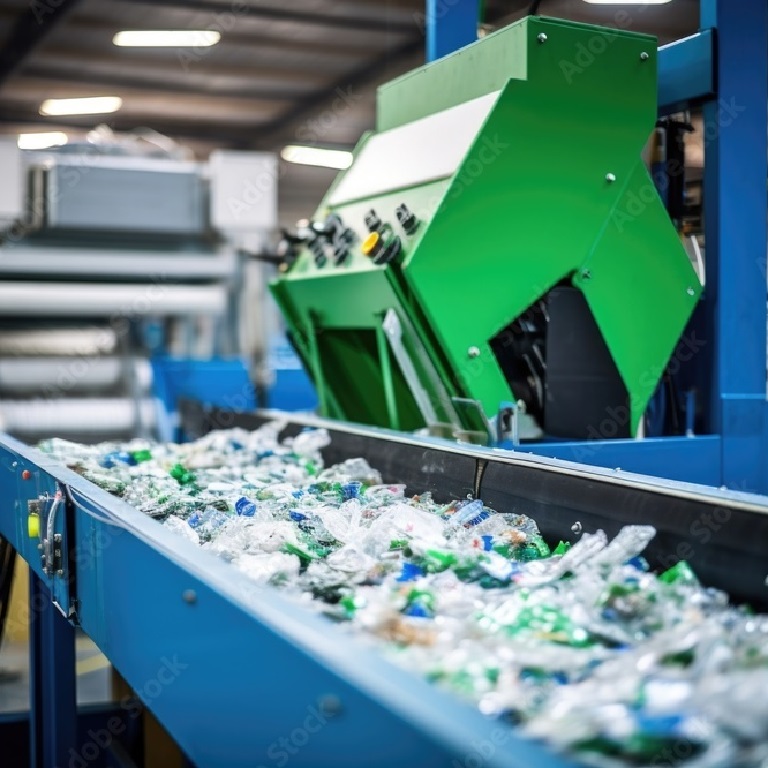 Detailed scene of a dedicated recycling unit within the plant, focusing on the advanced sorting and cleaning processes used to convert recycled plastic materials into sustainable feedstock.