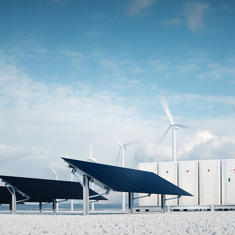 photorealistic futuristic concept of renewable energy storage consisting of modern, aesthetic and efficient dark solar panel panels that are in pleasant contrast to the blue summer sky and white gravel on the ground, a modular battery energy storage system and a wind turbine system in the background. 3d rendering