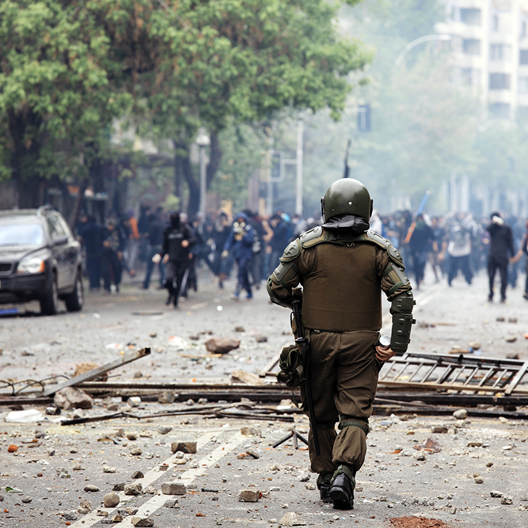 Riot police during a strike protest in Santiago, Chile.