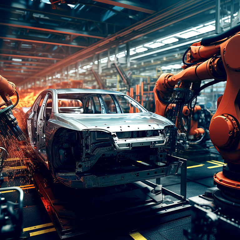 Robotic assembly line in an automotive factory