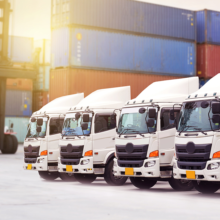 New truck fleet with container depot as for shipping and logistics transportation industry.