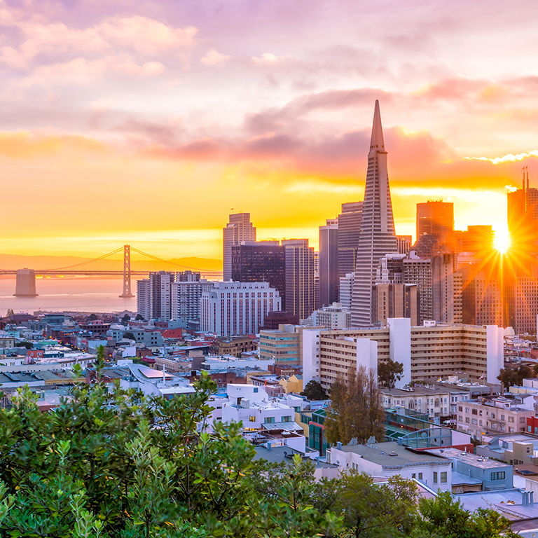 Beautiful view of business center in downtown San Francisco in USA at dusk.