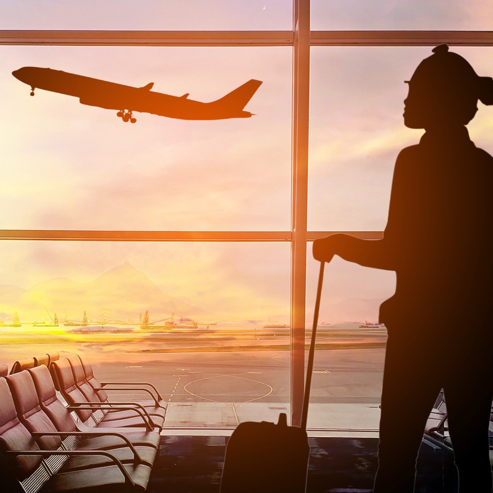 Silhouettes passenger airport. Airline travel concept.