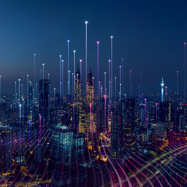 Smart city and abstract dot point connect with gradient line and aesthetic Intricate wave line design , big data connection technology concept .