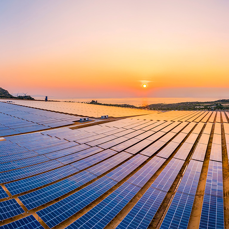 Aerial view of Solar panel, photovoltaic, alternative electricity source - concept of sustainable resources on a sunny day, Phuoc Dinh, Ninh Phuoc, Ninh Thuan, Vietnam