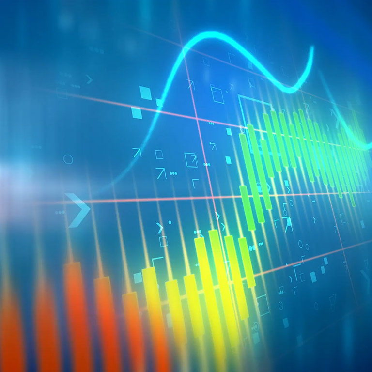 Closeup financial chart with uptrend line candlestick graph in stock market on blue color monitor background