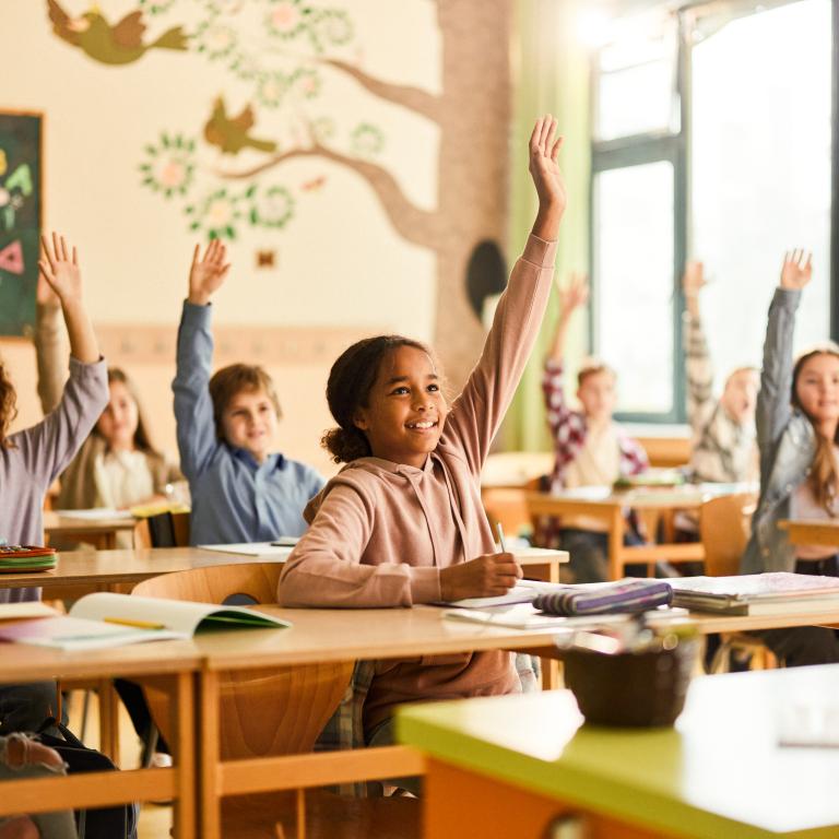 Students raise hands in classroom during lesson time