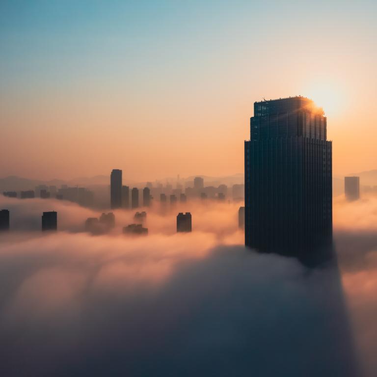 Sunrise over city skyline with fog covering buildings