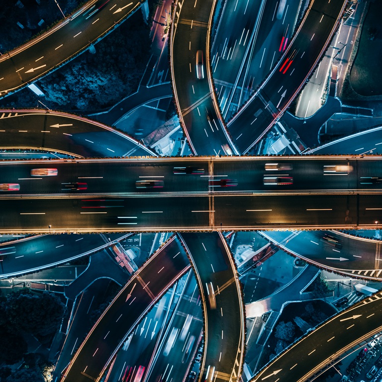 Traffic flows over a busy highway interchange