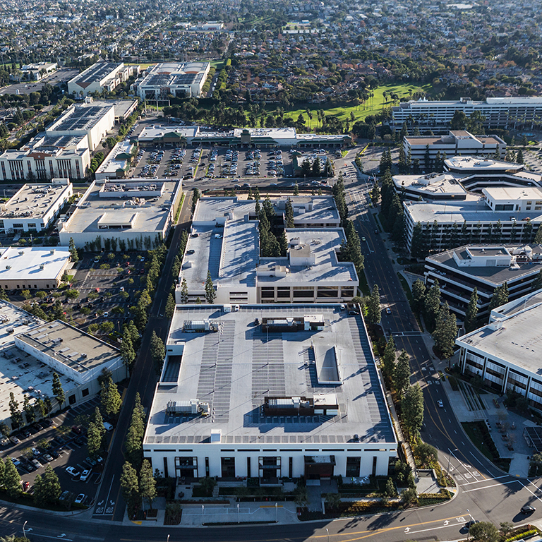 Aerial view of suburban commercial and industrial buildings in Los Angeles County, California.  