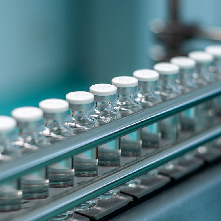 Medicine vials in a production line