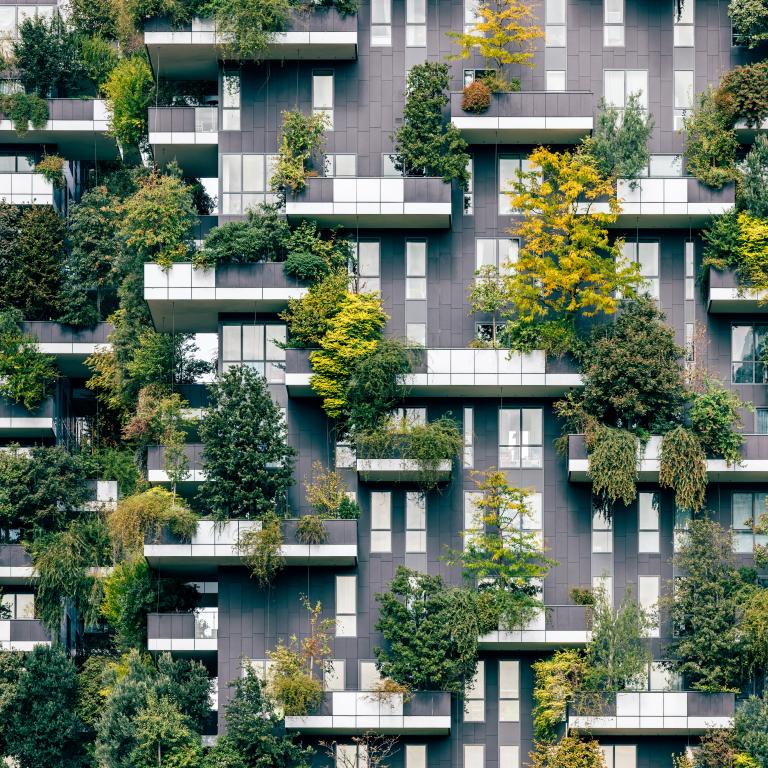 Vertical garden covers building with trees and plants