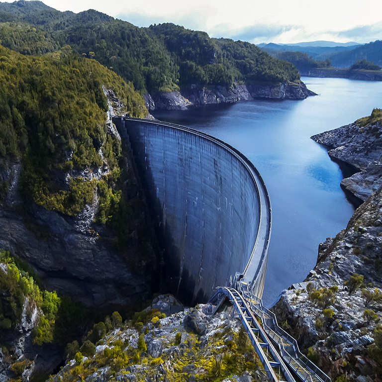 Wide view of the hydro electricity dam at strathgordon in tasmania