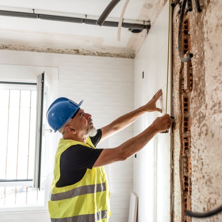 Worker repairs wall during construction at local site